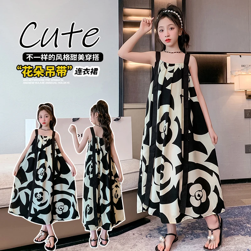 夏季新款女童甜美印花连衣裙大童生日棉质短袖裙子