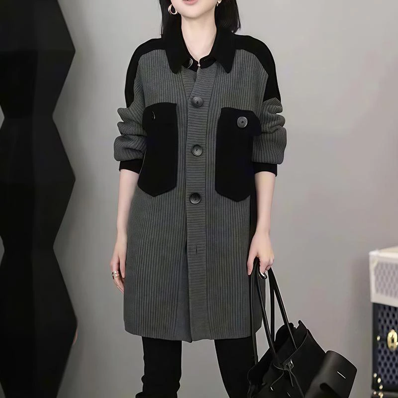 SJ-DY气质撞色口袋优雅大方针织衫2025秋冬新款设计感潮流上衣