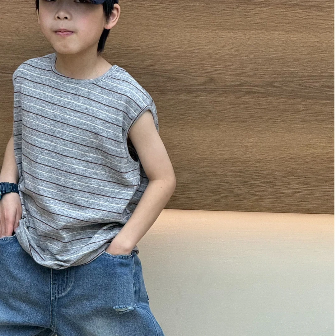 vilimama2025夏款男女童红灰条纹吸汗无袖坎肩背心55446