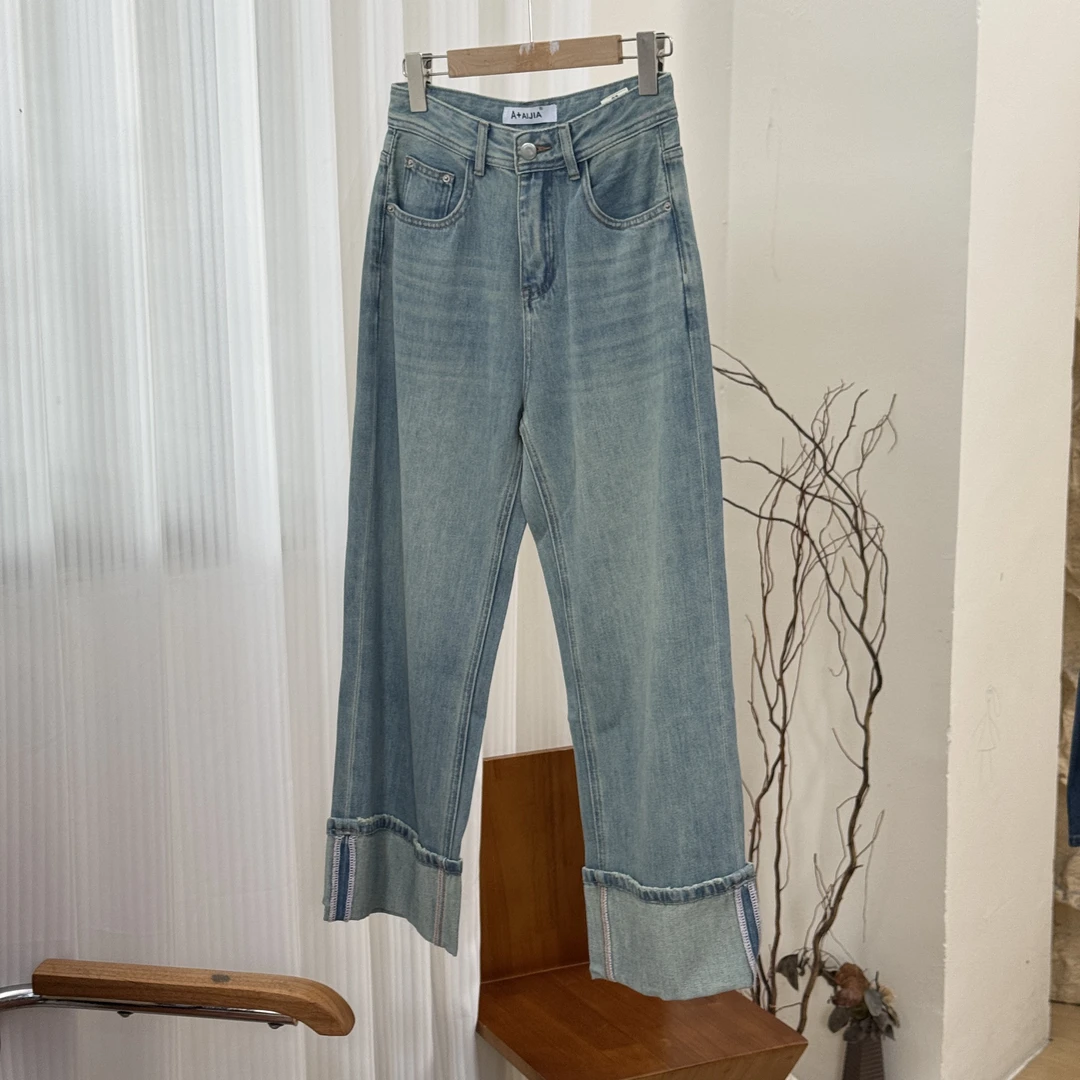 3012# 25早春款 百搭显瘦卷边垂感软牛仔宽松直筒牛仔裤女