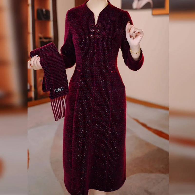 2025年秋季新款妈妈装紫红色修身显瘦高雅时尚连衣裙加厚冬季