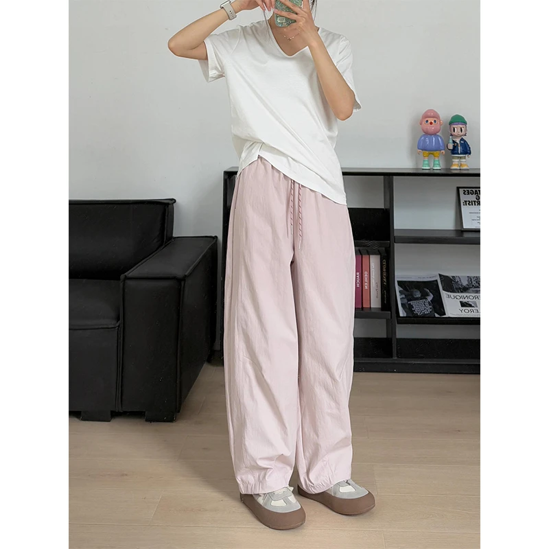 大码显高显瘦百搭粉色抽绳休闲裤女2025夏季薄款高级感百搭阔腿裤