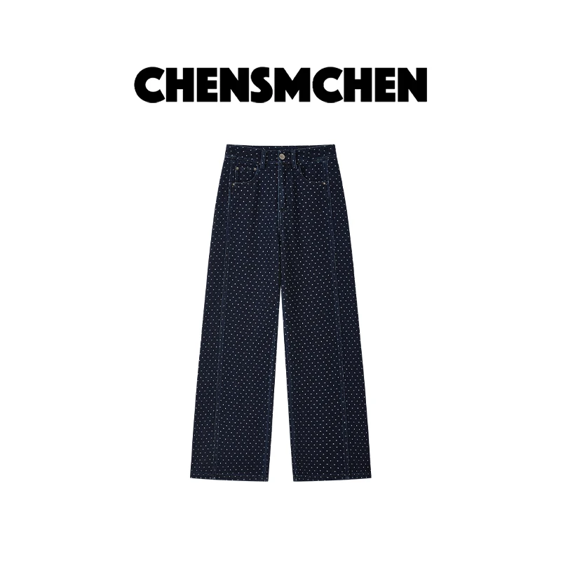 CHENSMCHE时尚波点提花牛仔裤女休闲百搭宽松显瘦阔腿裤CSN9064QQ