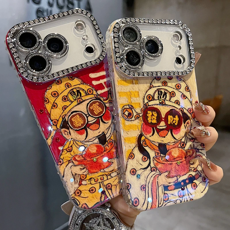适用苹果系列iPhone17新款手机壳红底财神爷暴富全包满钻精孔镜框