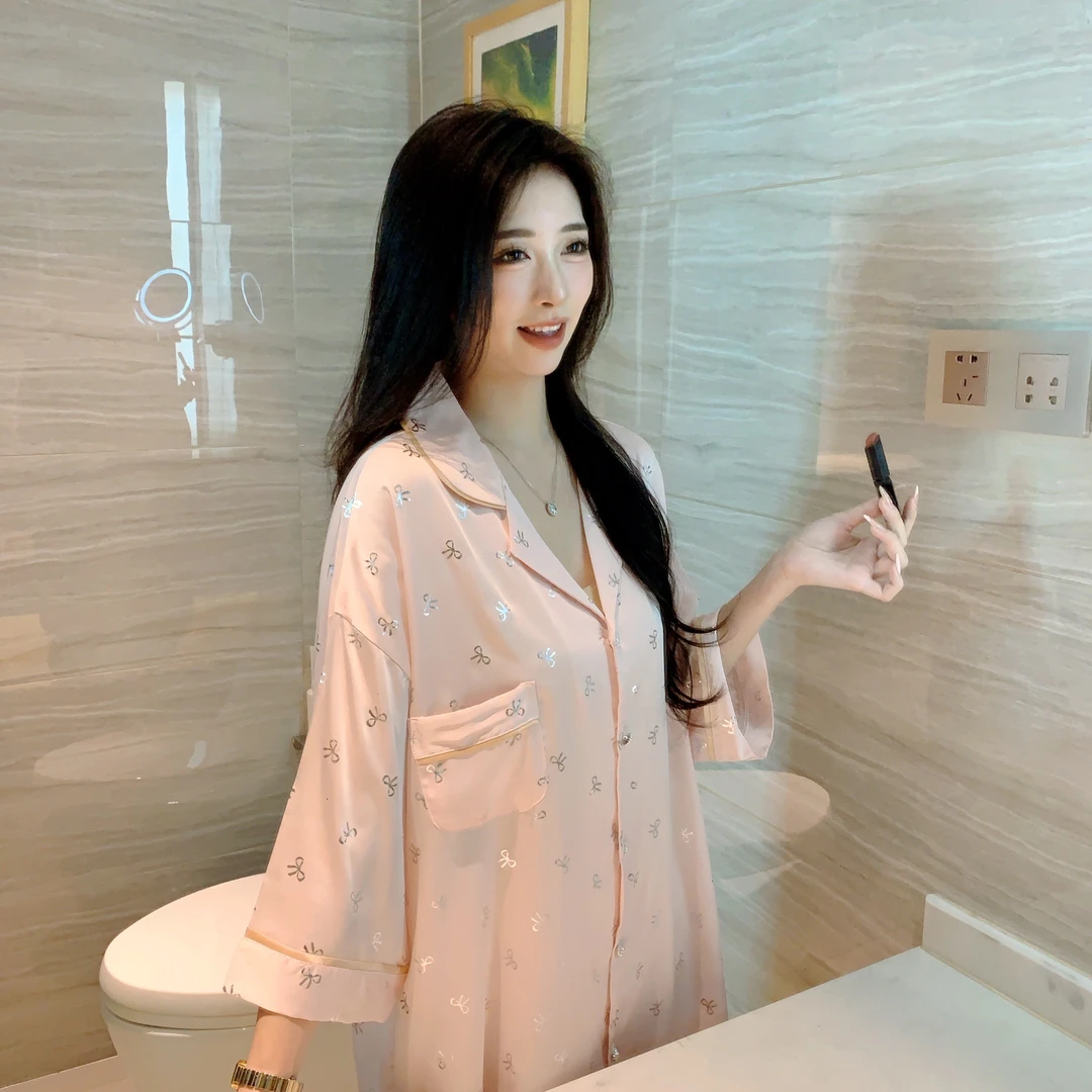 新款冰雪丝银蝴蝶结印花小翻领薄款高级感家居服睡裙