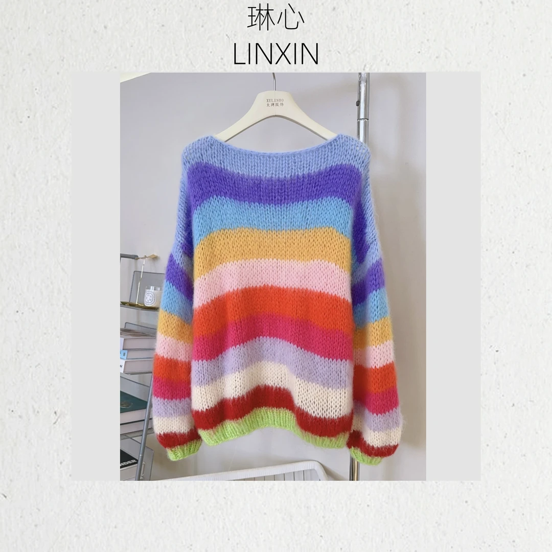 丨早秋宽松百搭减龄时尚彩虹条纹长袖套头针织衫 8908