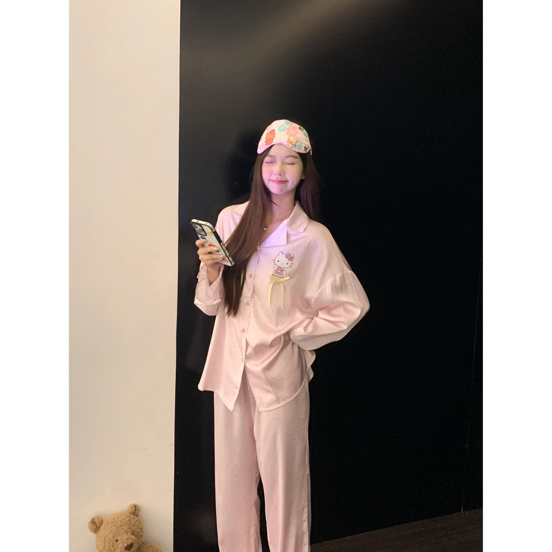 少女甜美Kitty缎面冰丝睡衣女夏款2025年新款亲肤凉感家居服套装