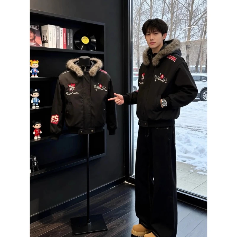 美式复古刺绣徽章座山雕棉衣外套男款冬季保暖可拆卸毛领加厚夹克