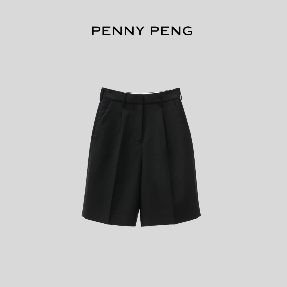 PENNY PENG雅痞风范【现货】黑色显瘦简约潮流轻奢羊毛直筒高腰短裤