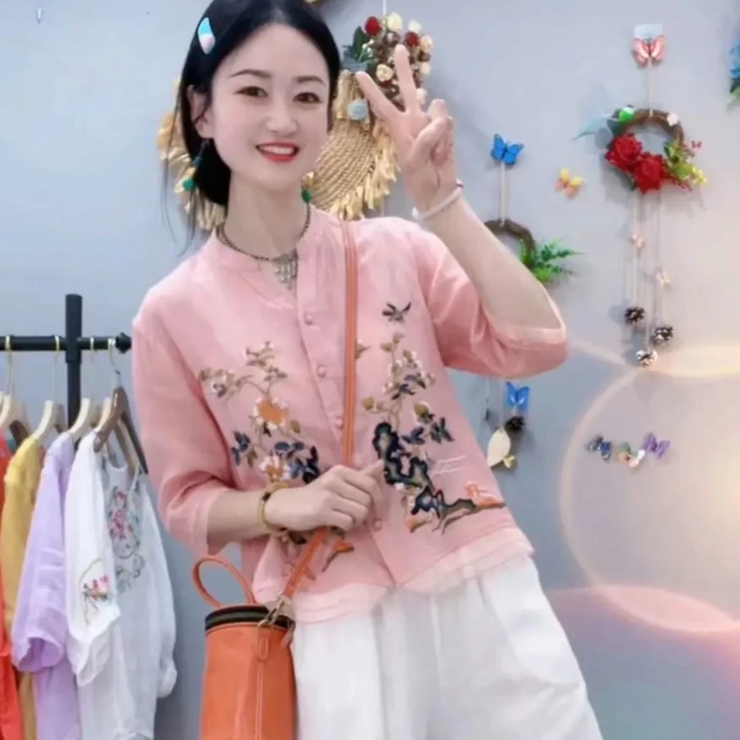 文艺复古刺绣衬衫上衣2025夏季新款重工绣花高端棉麻女装时尚百搭