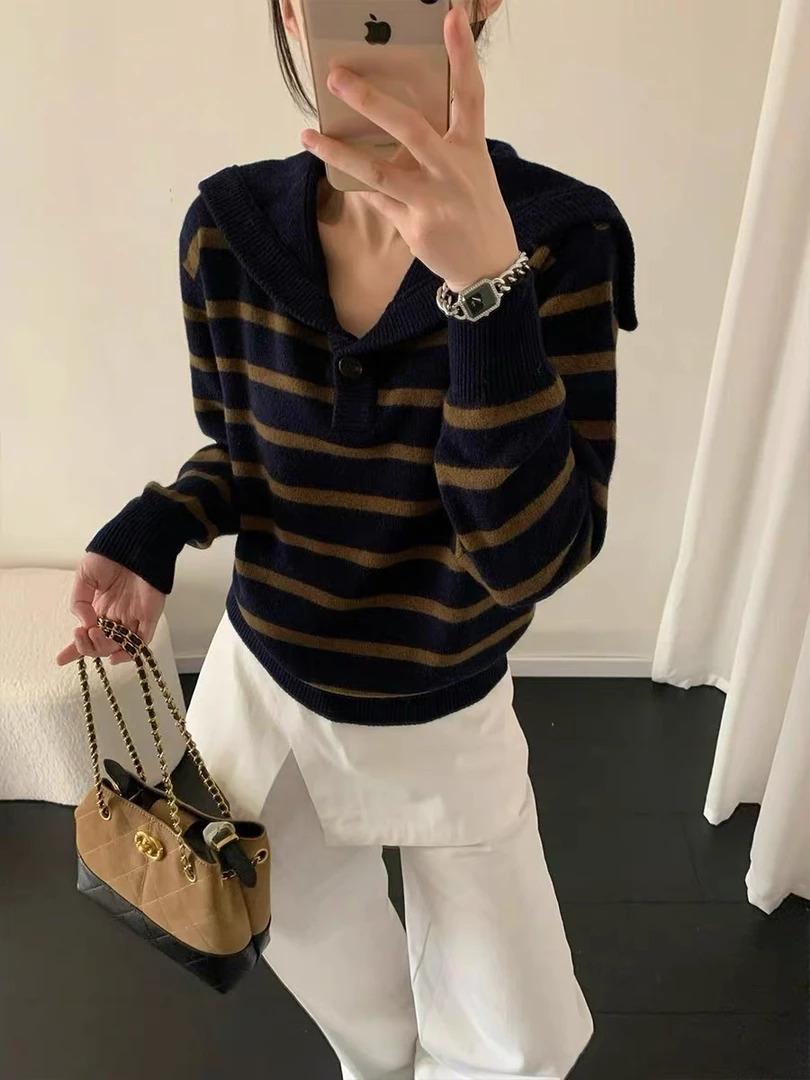 /兰咖条纹翻领/条纹长袖一粒扣大翻领针织衫 衣长57  58039