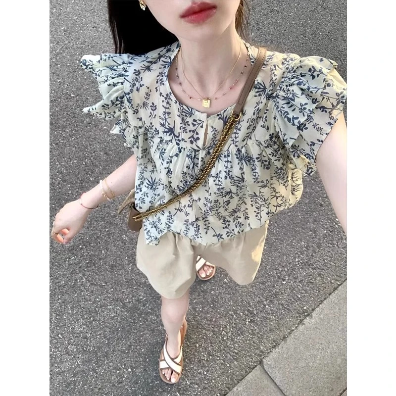 法式碎花短袖衬衫女夏季荷叶边娃娃衫衬衣雪纺小衫短款小飞袖上衣