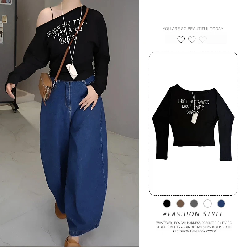 韩系穿搭字母印花长袖斜肩上衣女夏季2025新款洋气欧货潮时髦上衣