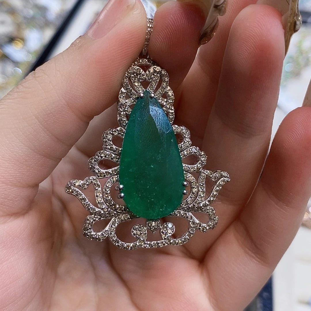 银S925镶嵌祖母绿吊坠(不含链)