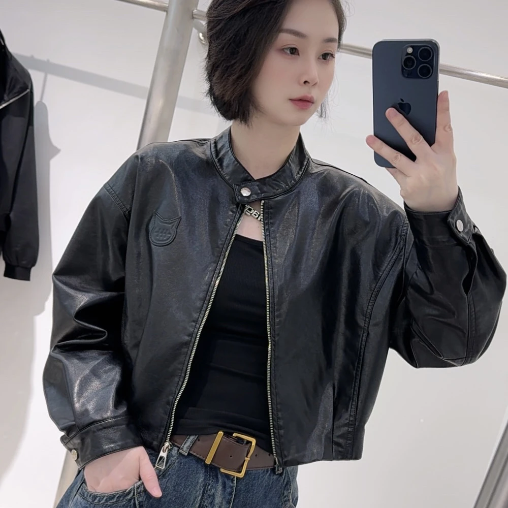 【6612】秋季时尚休闲网红短款立领皮夹克韩版法式显瘦皮衣宽松