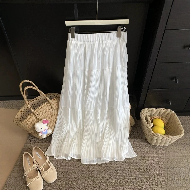 雨雾紫藤压褶半身春季新款宽松大裙摆a字裙法系甜美温柔风百褶裙