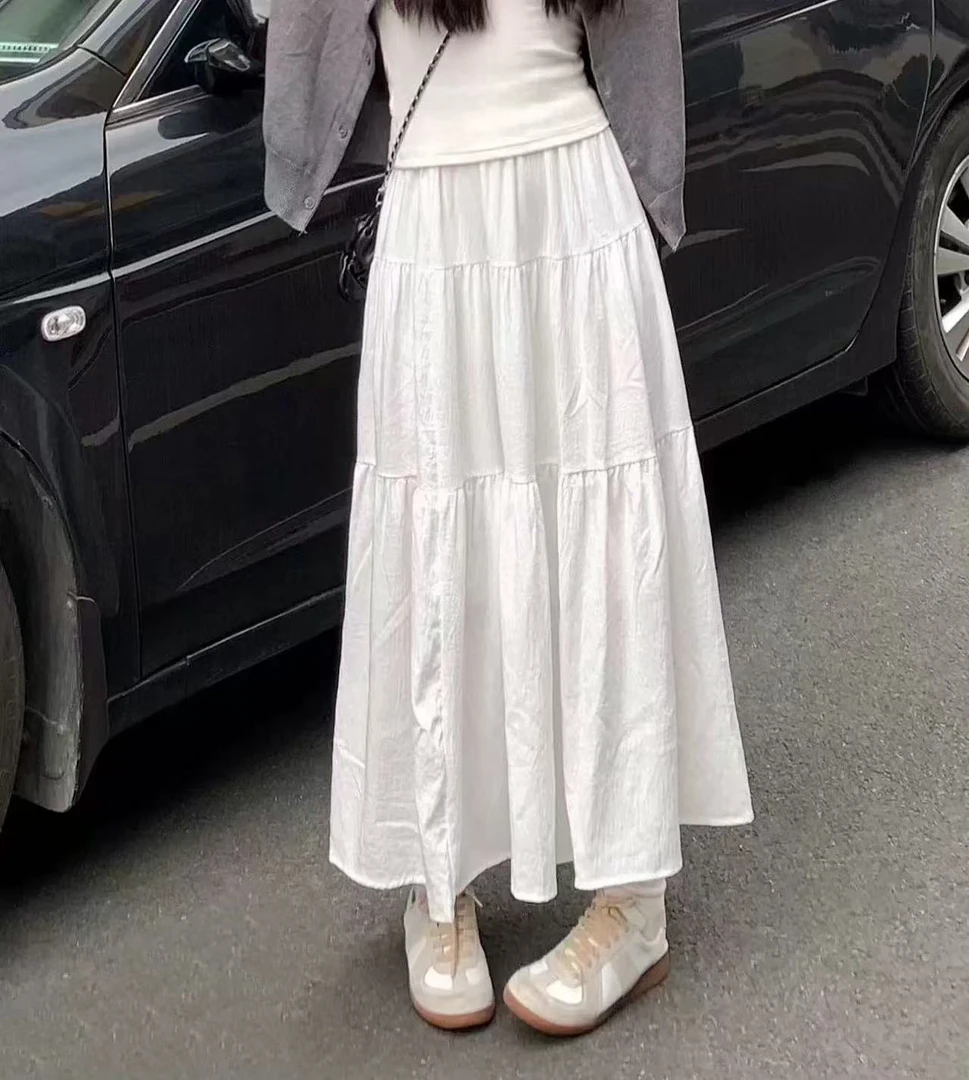 韩11温柔风粉色半身裙女甜美减龄收腰显瘦层次感小个子a字长裙春