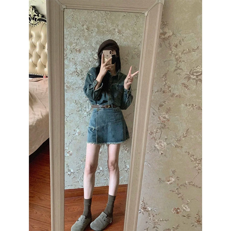辣妹牛仔套装早秋穿搭盐系轻熟不规则牛仔上衣外套半身裙女两件套