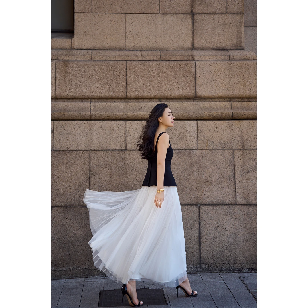 【YSU】法式重工钉珠高级感简约休闲网纱A字百褶半身裙Y320141