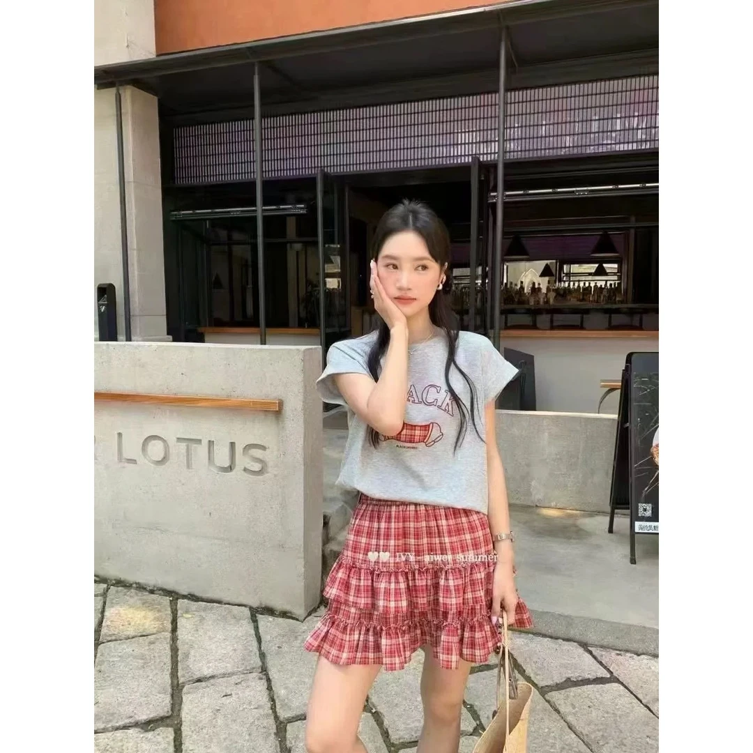 【2571】韩版卡通绣花短袖T恤+松紧腰格子蓬蓬裙半身裙两件套装夏季