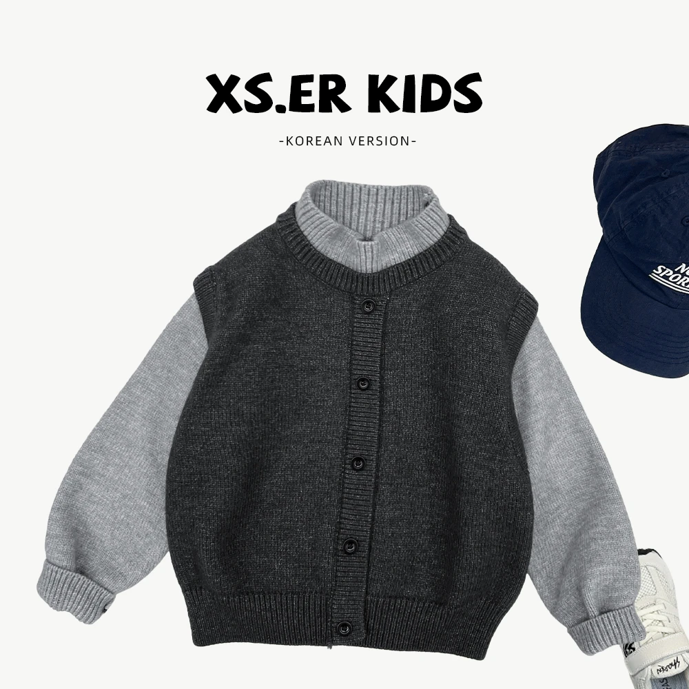 春秋装儿童韩版时尚潮流拼接字母休闲针织假两件毛衣hbb8325