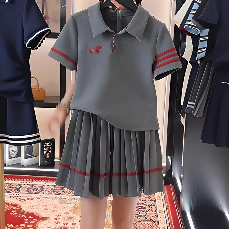 2025夏季新款时尚套装高级感POLO领简约短袖宽松休闲百褶裙两件套