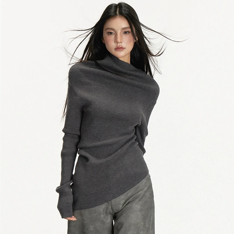 番茄妹妹Tomatosister春款长袖针织衫女修身一字肩打底高领毛衣