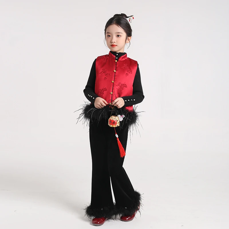 拜年服女童醋酸提花马甲鸵鸟毛汉服唐装2025春季新款儿童夹棉背心