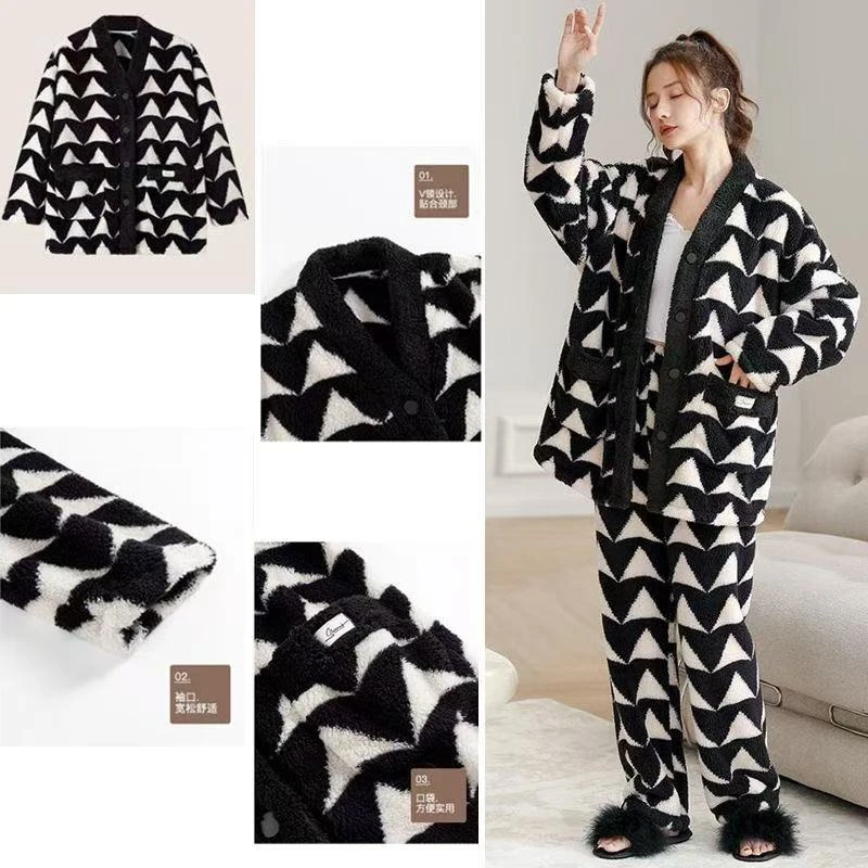 睡衣女秋冬季家居服保暖珊瑚绒法兰绒加厚套装可外穿加绒加厚睡衣
