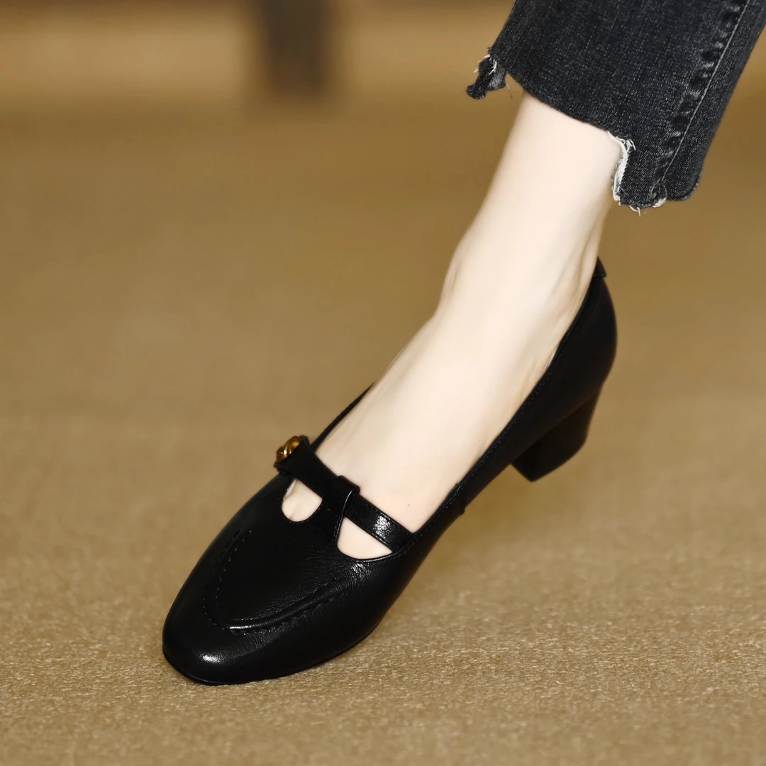 软羊皮一脚蹬小圆头粗跟浅口单鞋女2025春秋季新款中跟通勤小皮鞋