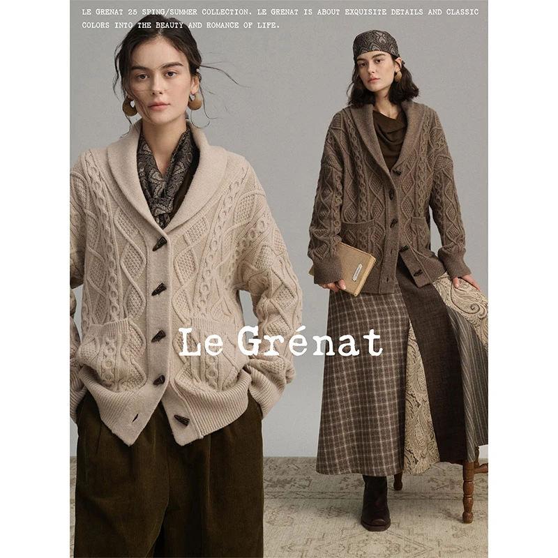 LE GRENAT秋冬女绞花麻花青果领翻领羊毛混纺毛衣针织开衫