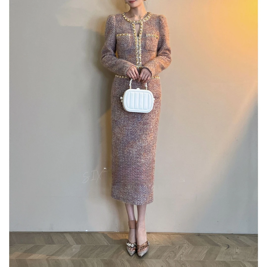 新款小香风加厚粉紫轻奢秋冬显瘦名媛女装连衣裙51233