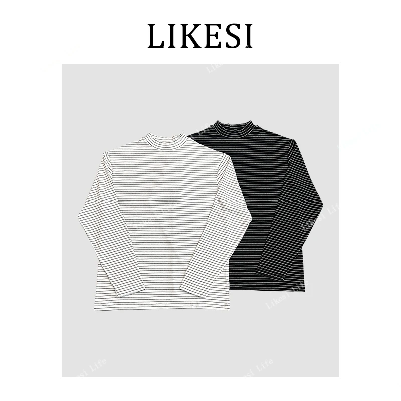 LIKESI STRIPE立体剪裁半高领条纹长袖复古简约软糯长袖T恤6334#