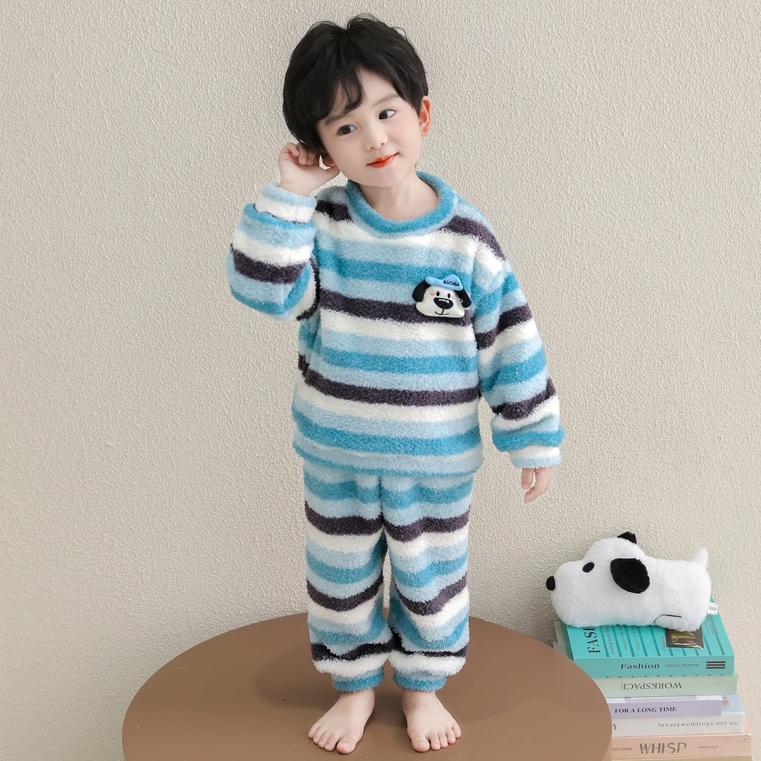 儿童睡衣冬季男童珊瑚绒保暖家居服加厚套装男孩宝宝条纹睡衣秋冬
