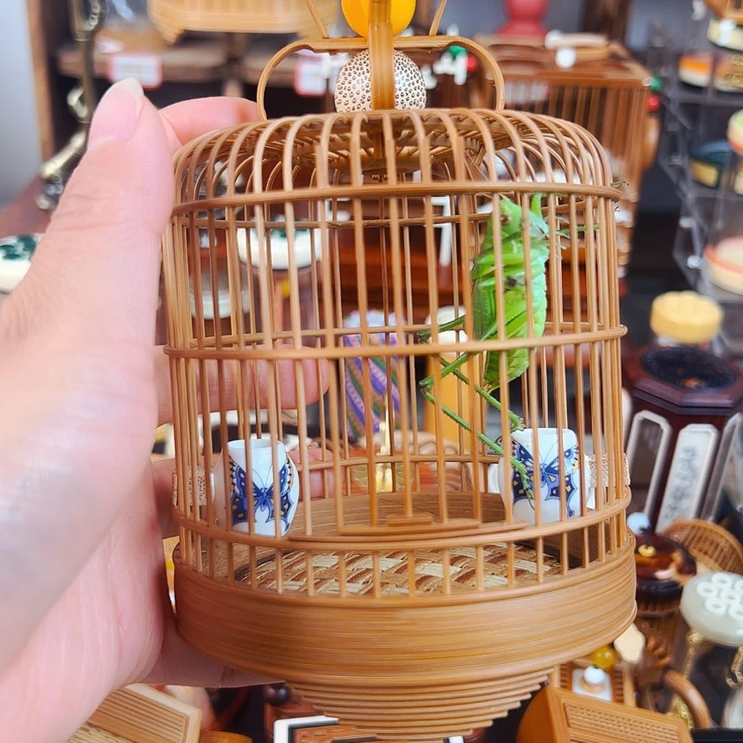 木福利款大号竹笼➕瓷罐➕翡翠绿蝈蝈