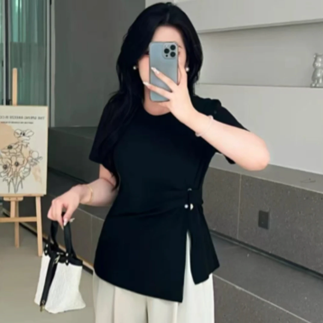 胖MM2025新款短袖开叉设计T恤夏季大码遮肉显瘦气质高级感上衣女