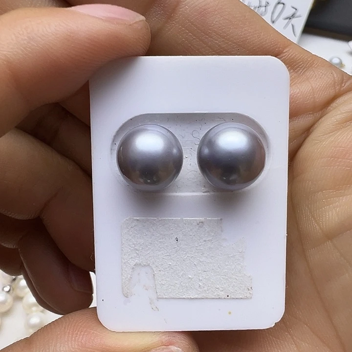 耳钉海水珍珠银S925镶嵌11-12mm海水大溪地铂金灰耳钉