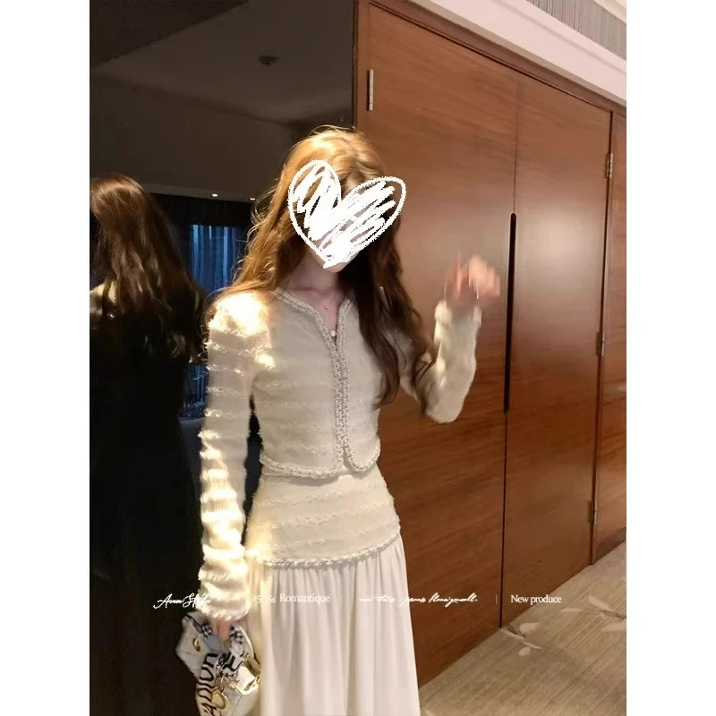 6671 杏色长袖小香风外套a字半身裙套装女法式千金风两件
