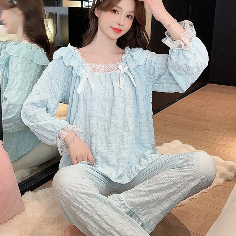 【星】蕾丝花边睡衣女春夏长袖新款简约纯色甜美方领家居服套装3047