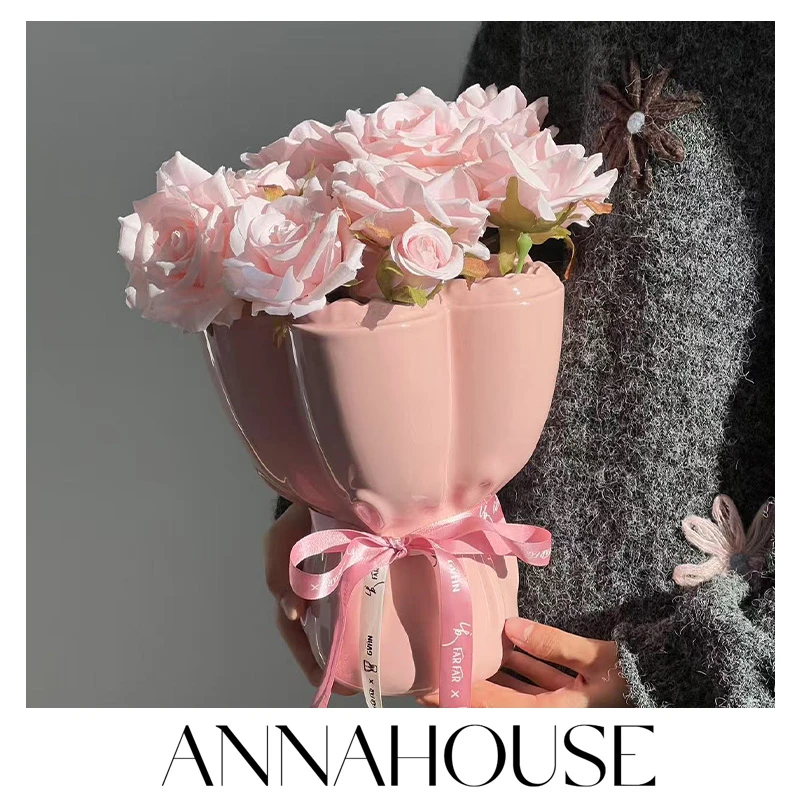 ANNAHOUSE简约花朵花瓶家居摆件干花鲜花陶瓷插花花器装饰瓶YF