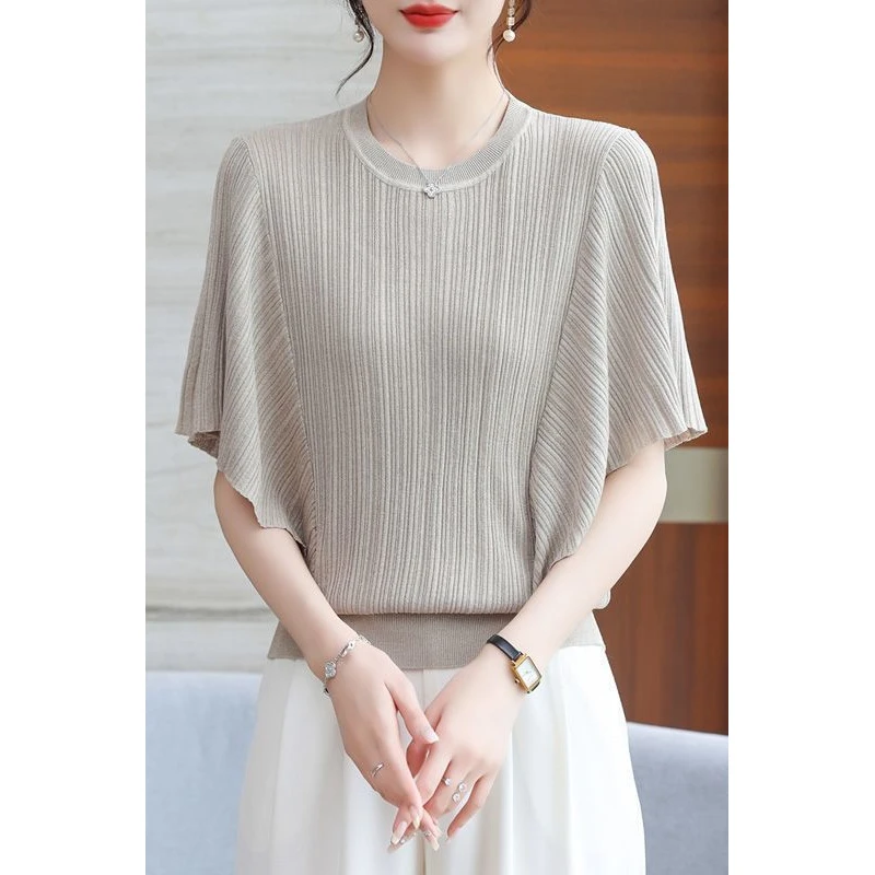 短袖T恤女夏季圆领蝙蝠衫气质薄款针织宽松遮肚显瘦上衣