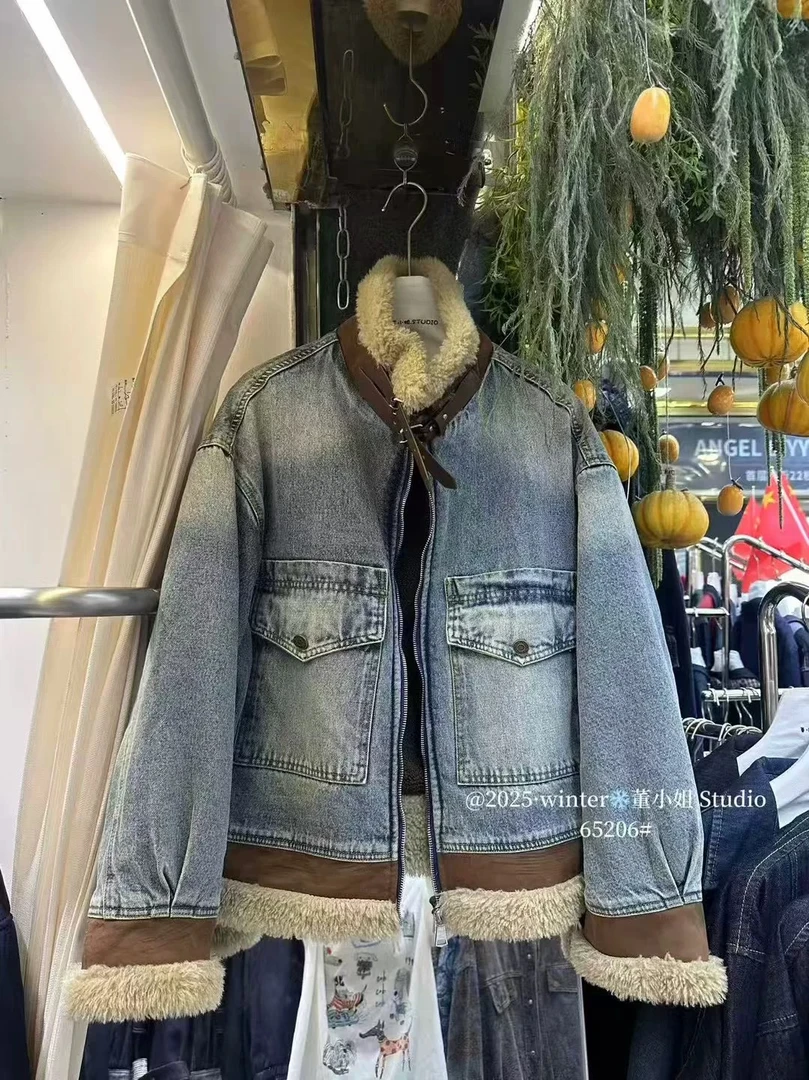 现货韩系超好看复古牛仔外套加绒加厚拼接棉服短外套