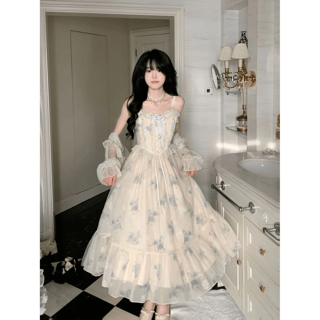 甜美印花网纱拼接花边吊带裙