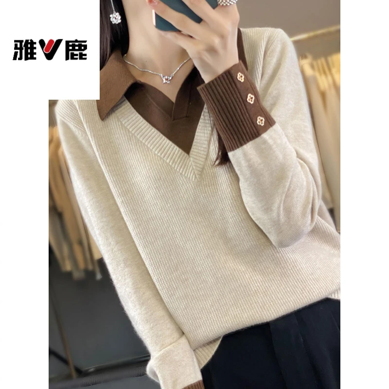 雅鹿优选微胖mm秋冬大码衬衫领毛衣女遮肚子显瘦假两件上衣内搭针
