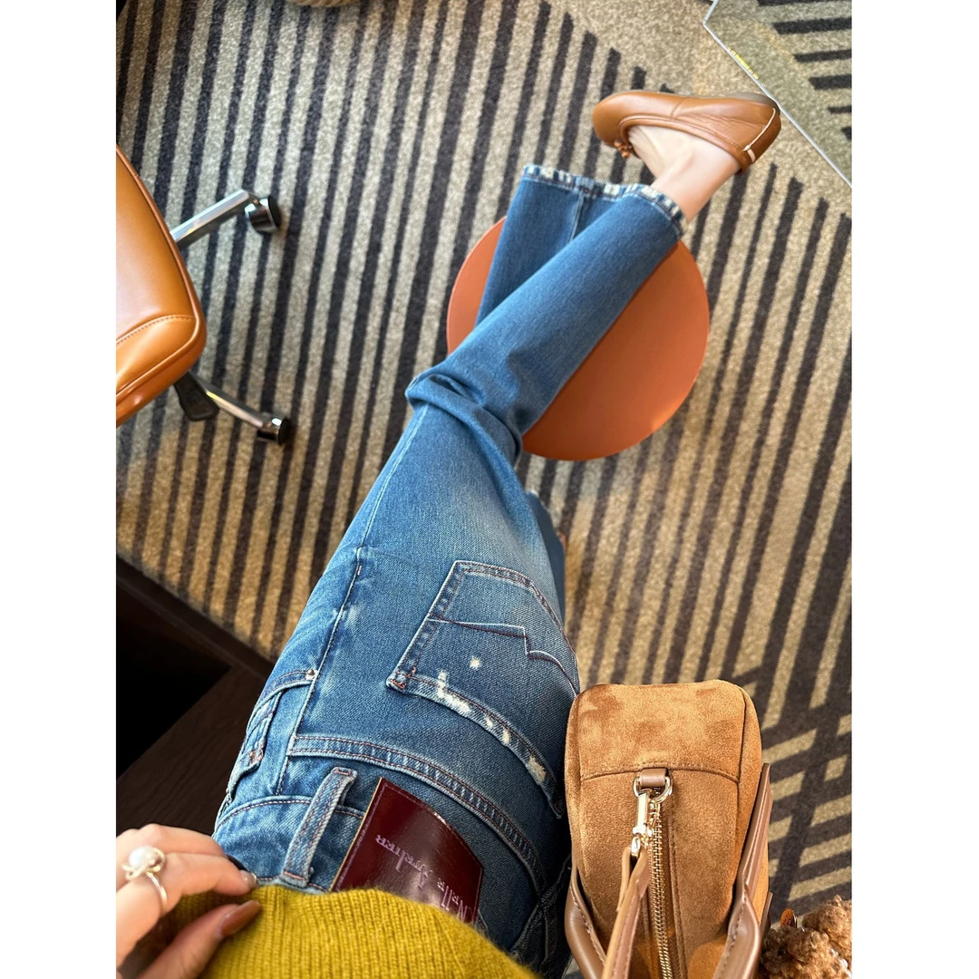 小个子必盘~复古磨破九分微喇裤早春新款梨形小个子显瘦牛仔裤