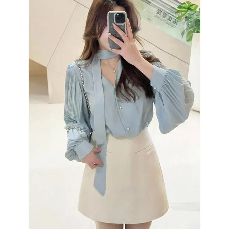 轻熟风气质灯笼袖雾霾蓝衬衫女春季时尚休闲宽松领通勤百搭上衣