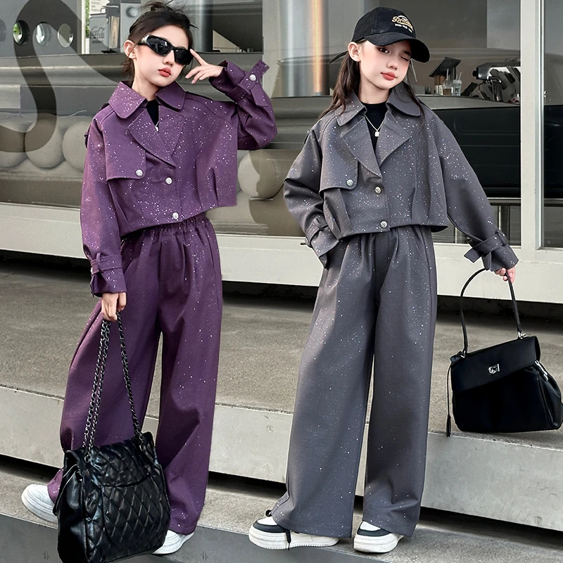 女童时尚套装2025新款高级感春秋中大童女孩西装外套阔腿裤两件套