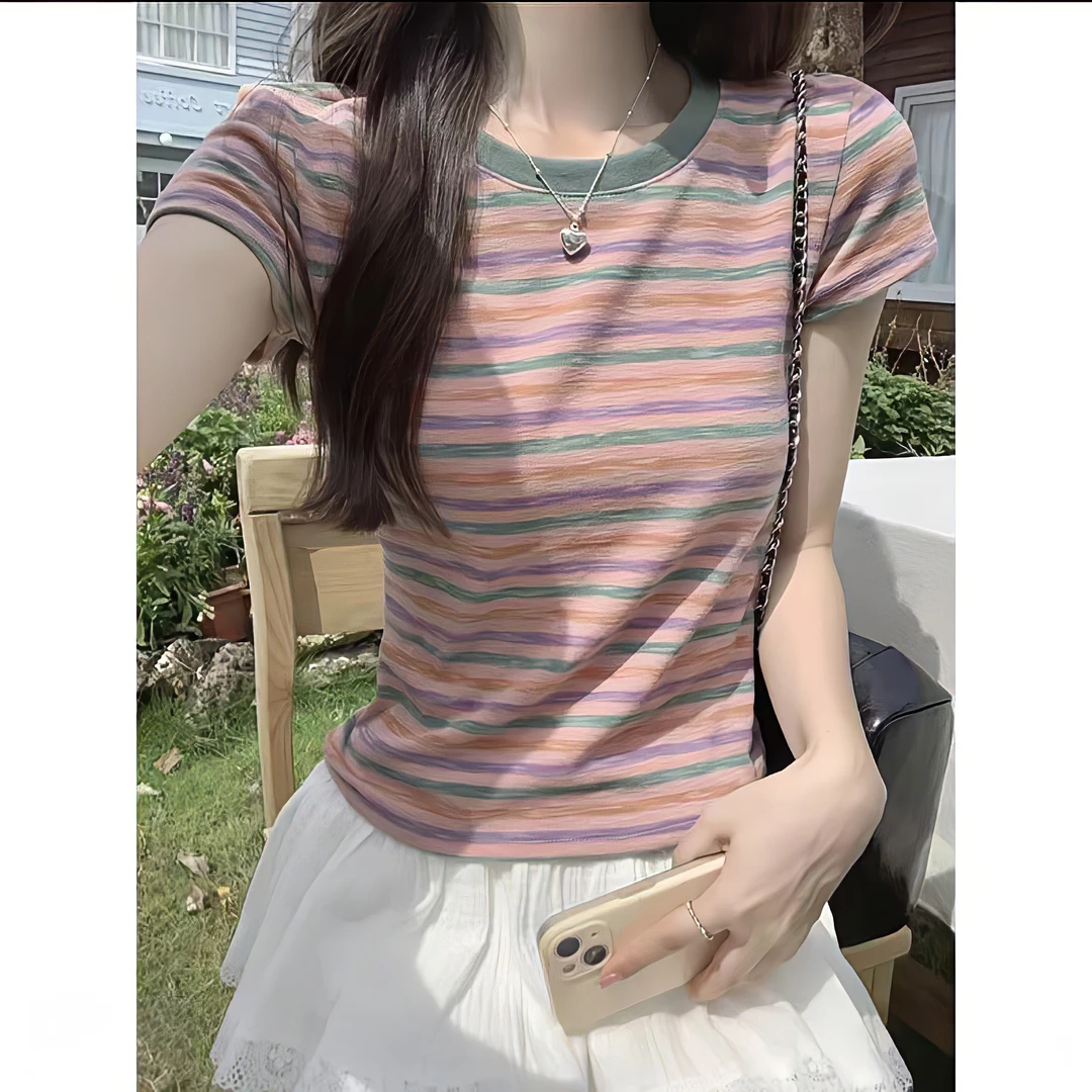 【认准正版·运补】欧若风条纹短袖T恤女夏新款上衣t恤W-298