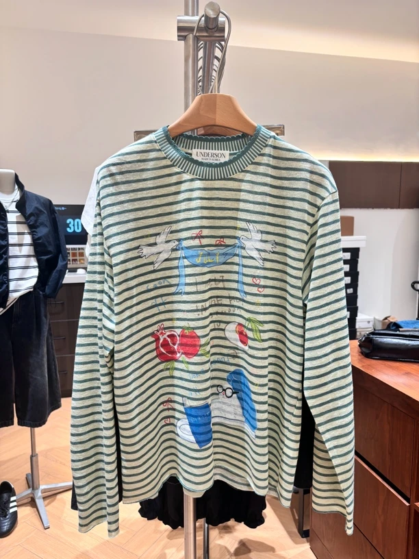 织领花边绿条纹长袖针织防晒T恤