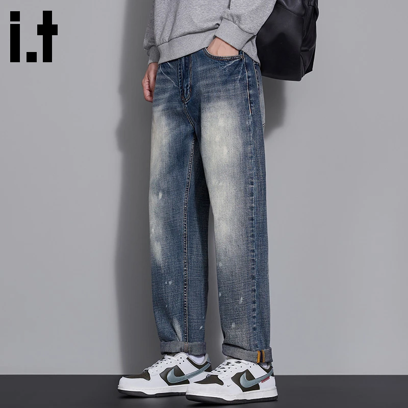 i.t:CHOCOOLATE泼墨水洗锥形牛仔裤男士秋冬哈伦大码痞帅直筒长裤